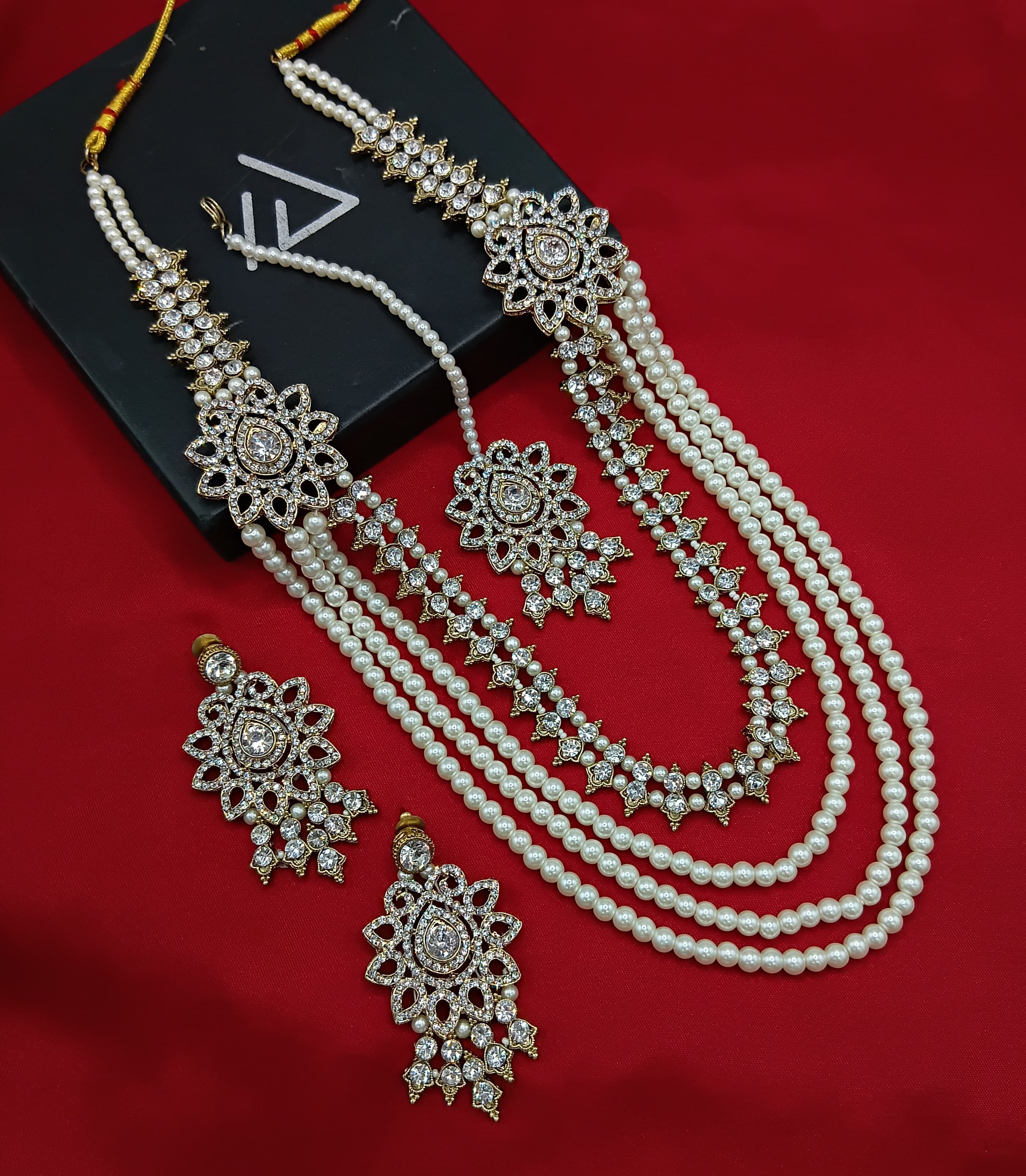 Grand Floral Pearl & White Stone Long Necklace Set