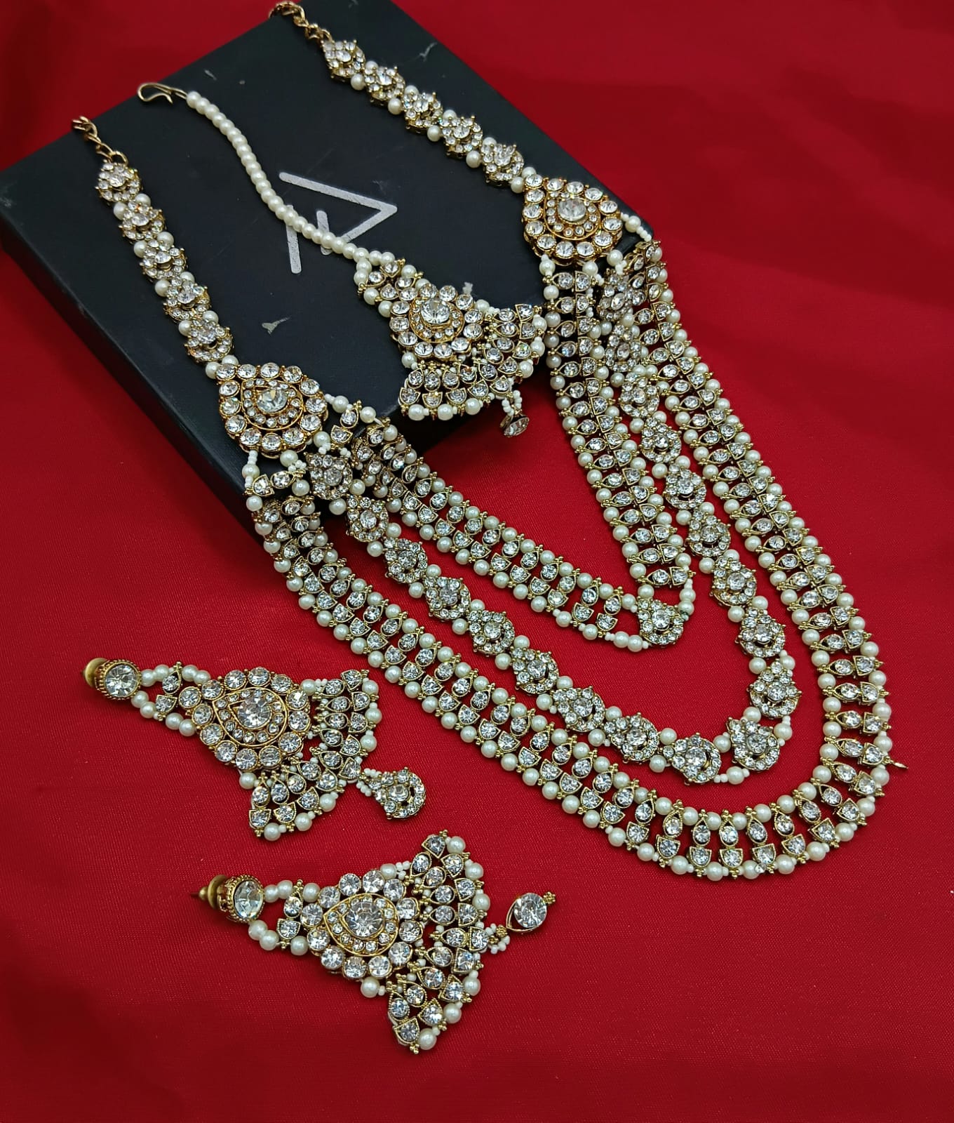 Triple-Layered White Stone & Pearl Bridal Long Haram