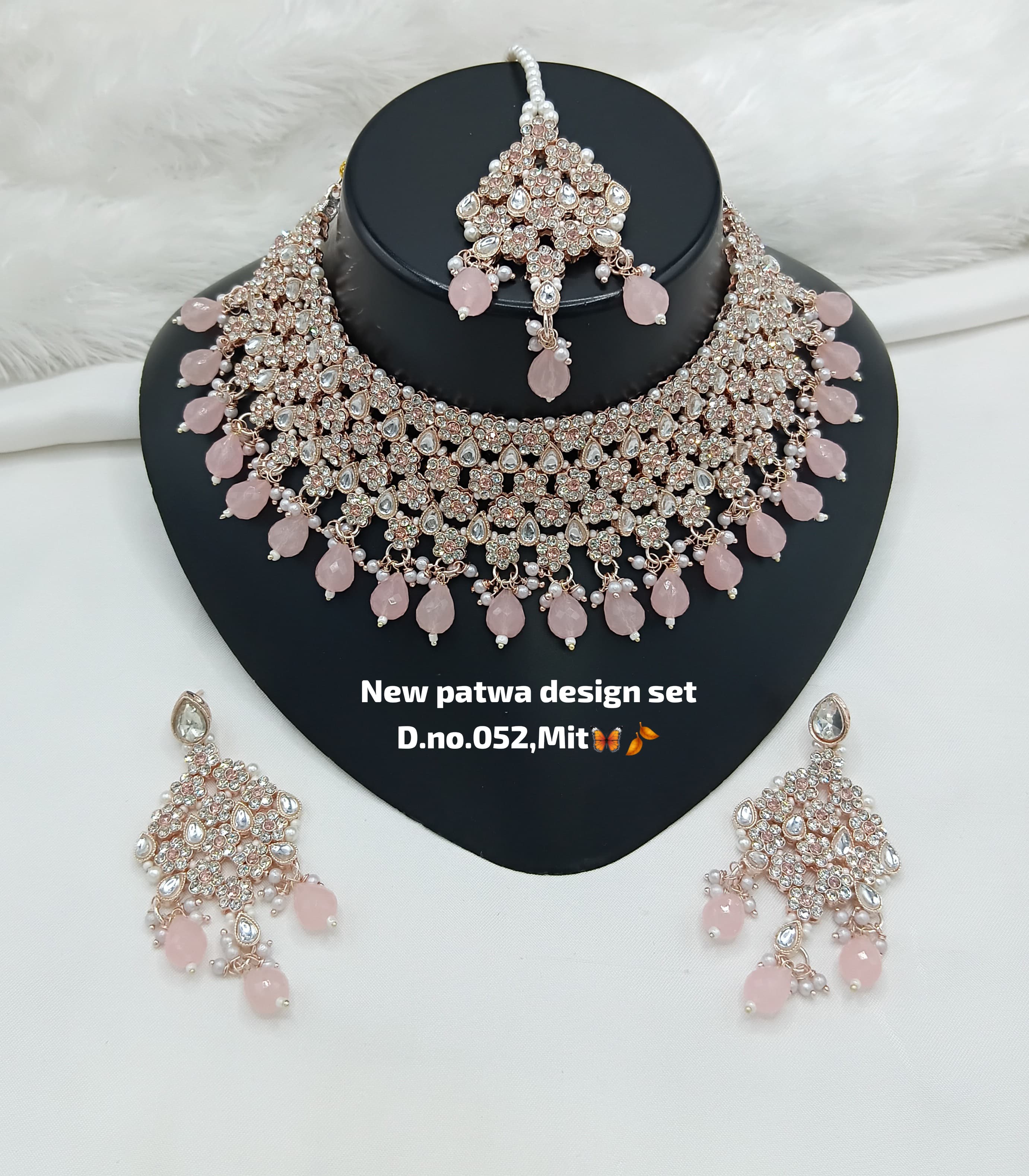 Pastel Pink Droplets Studded Rose Gold Choker Set
