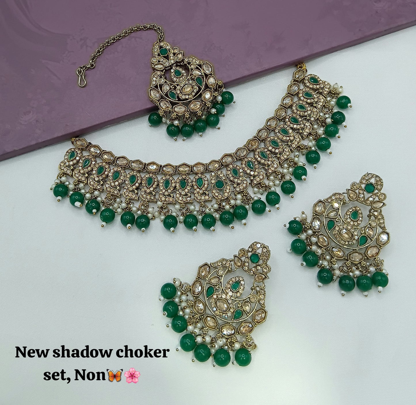 Designer Shadow Choker Necklace Set with Earrings & Maang Tikka – Premium Finish