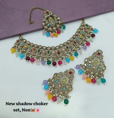 Designer Shadow Choker Necklace Set with Earrings & Maang Tikka – Premium Finish