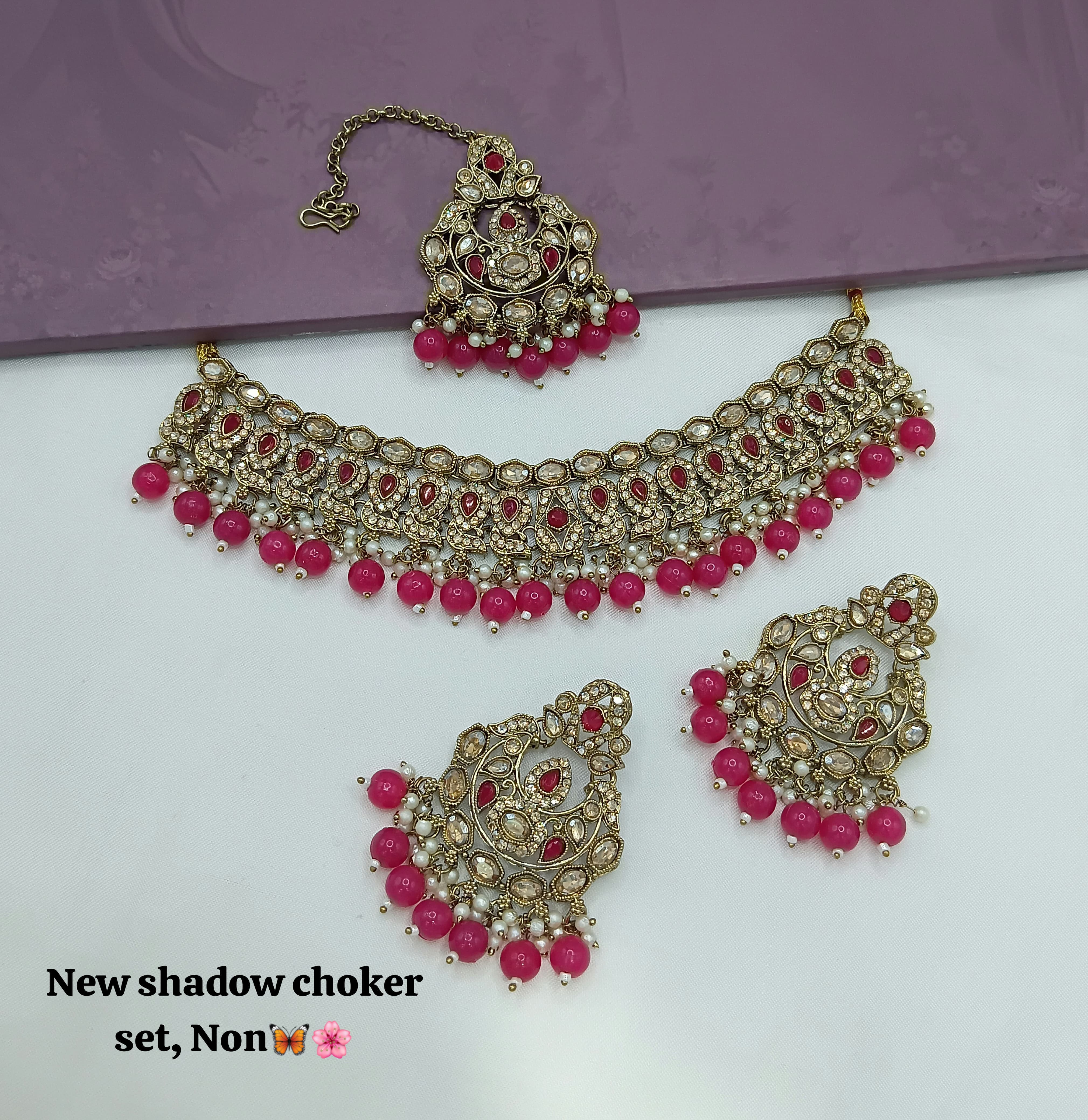 Designer Shadow Choker Necklace Set with Earrings & Maang Tikka – Premium Finish