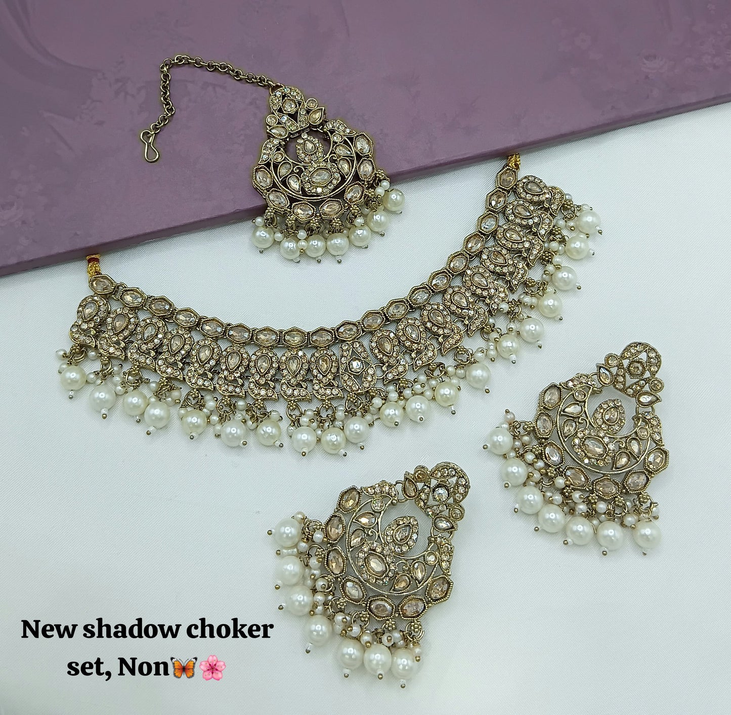 Designer Shadow Choker Necklace Set with Earrings & Maang Tikka – Premium Finish