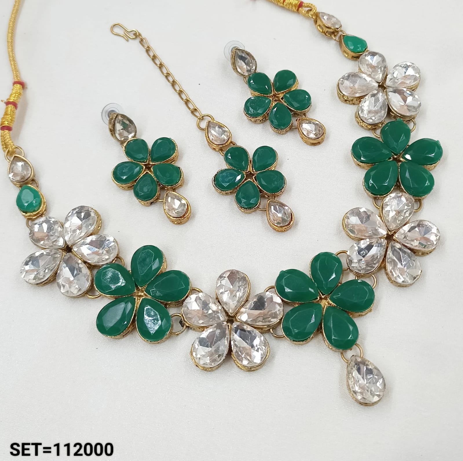 Vibrant Green & Clear Crystal Flower Jewellery Set
