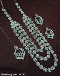 Fancy Silver Plated Three Layer Long Necklace Set