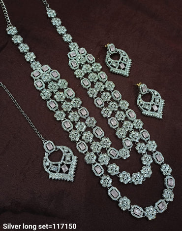 Fancy Silver Plated Three Layer Long Necklace Set