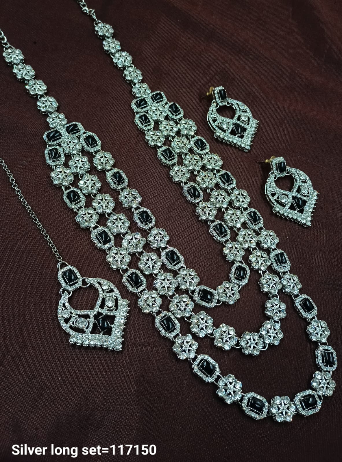 Fancy Silver Plated Three Layer Long Necklace Set