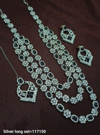 Fancy Silver Plated Three Layer Long Necklace Set
