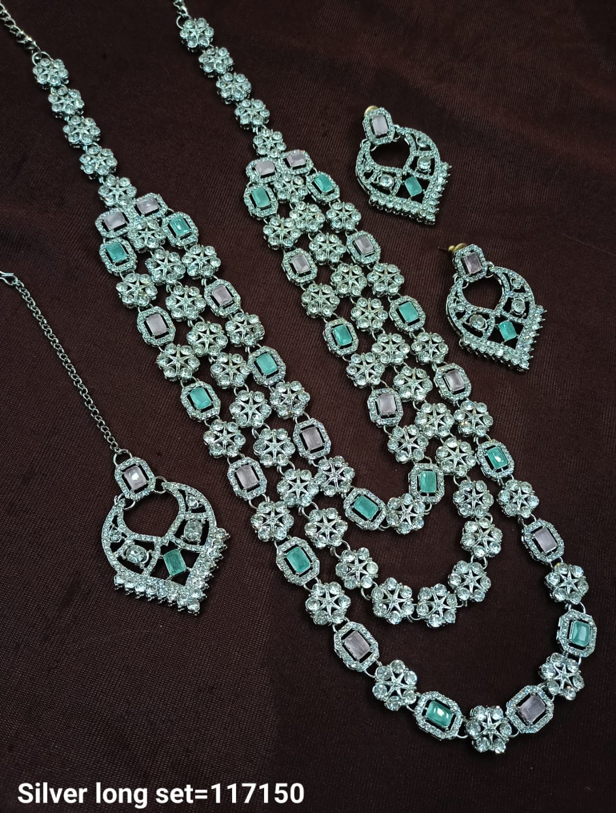 Fancy Silver Plated Three Layer Long Necklace Set