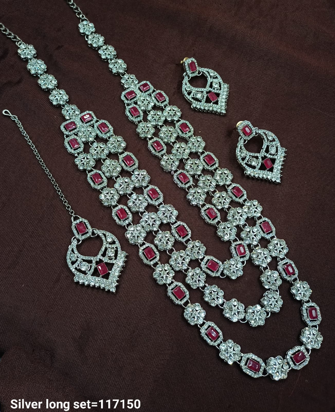 Fancy Silver Plated Three Layer Long Necklace Set