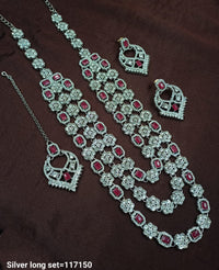 Fancy Silver Plated Three Layer Long Necklace Set