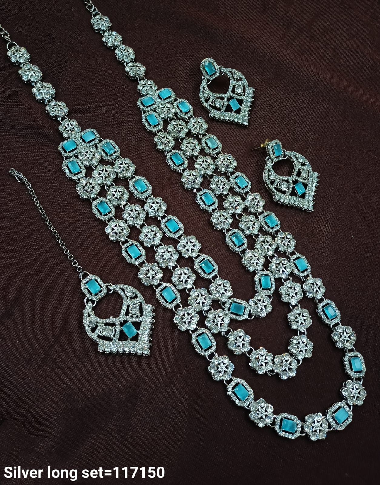 Fancy Silver Plated Three Layer Long Necklace Set