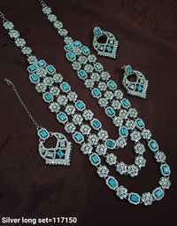 Fancy Silver Plated Three Layer Long Necklace Set