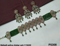 Elegant Mehedi Police Choker Set with Detailed Pendant and Matching Earrings
