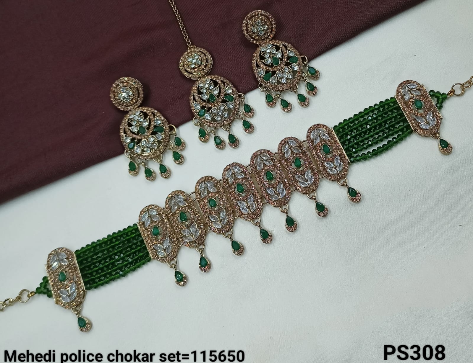Elegant Mehedi Police Choker Set with Detailed Pendant and Matching Earrings