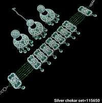 Elegant Silver Choker Set with Intricate Detailing and Matching Earrings