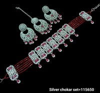 Elegant Silver Choker Set with Intricate Detailing and Matching Earrings