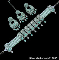 Elegant Silver Choker Set with Intricate Detailing and Matching Earrings