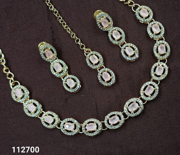 Elegant Oval Stone Necklace Set with Matching Earrings & Mangtikka