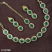 Elegant Oval Stone Necklace Set with Matching Earrings & Mangtikka