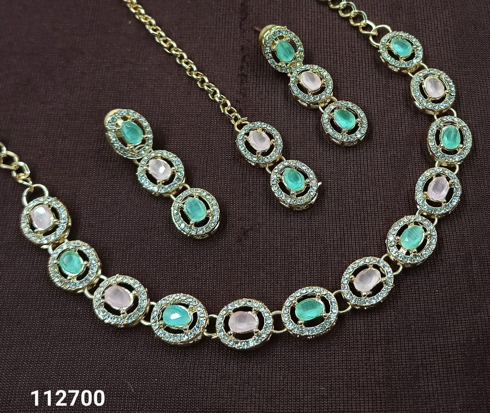 Elegant Oval Stone Necklace Set with Matching Earrings & Mangtikka