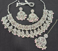 CZ Stone Studded Silver Plated Choker Necklace Set with Earrings & Maang Tikka