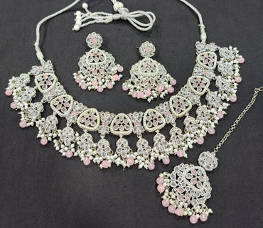 CZ Stone Studded Silver Plated Choker Necklace Set with Earrings & Maang Tikka