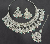 CZ Stone Studded Silver Plated Choker Necklace Set with Earrings & Maang Tikka