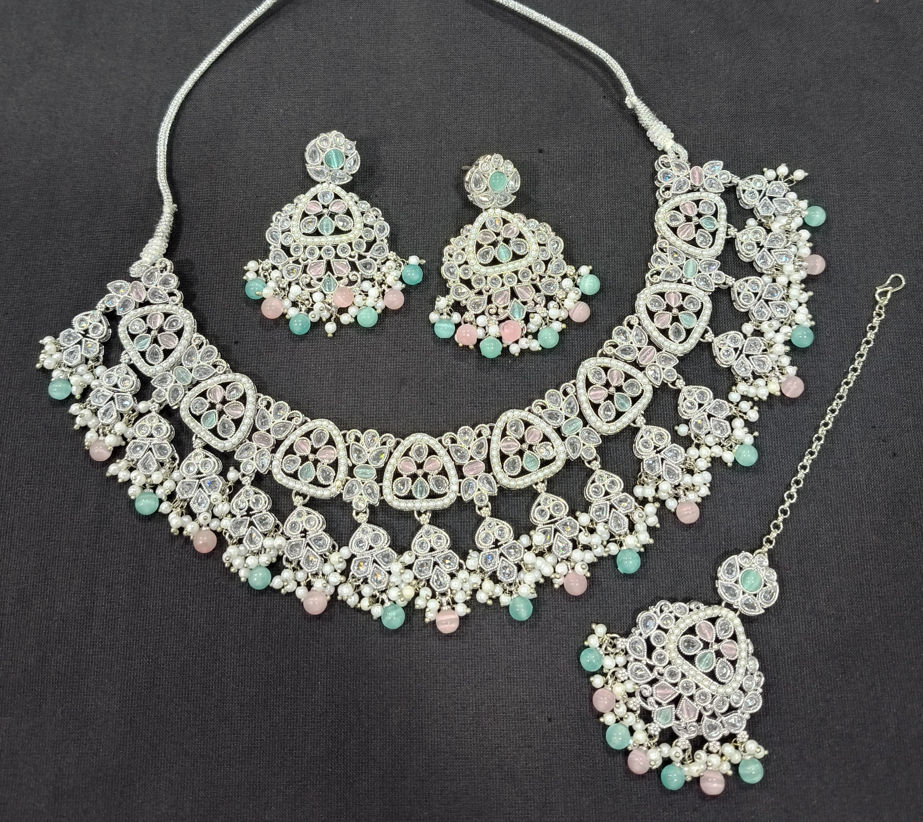 CZ Stone Studded Silver Plated Choker Necklace Set with Earrings & Maang Tikka