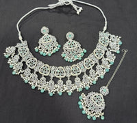 CZ Stone Studded Silver Plated Choker Necklace Set with Earrings & Maang Tikka