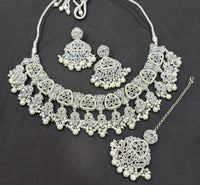 CZ Stone Studded Silver Plated Choker Necklace Set with Earrings & Maang Tikka