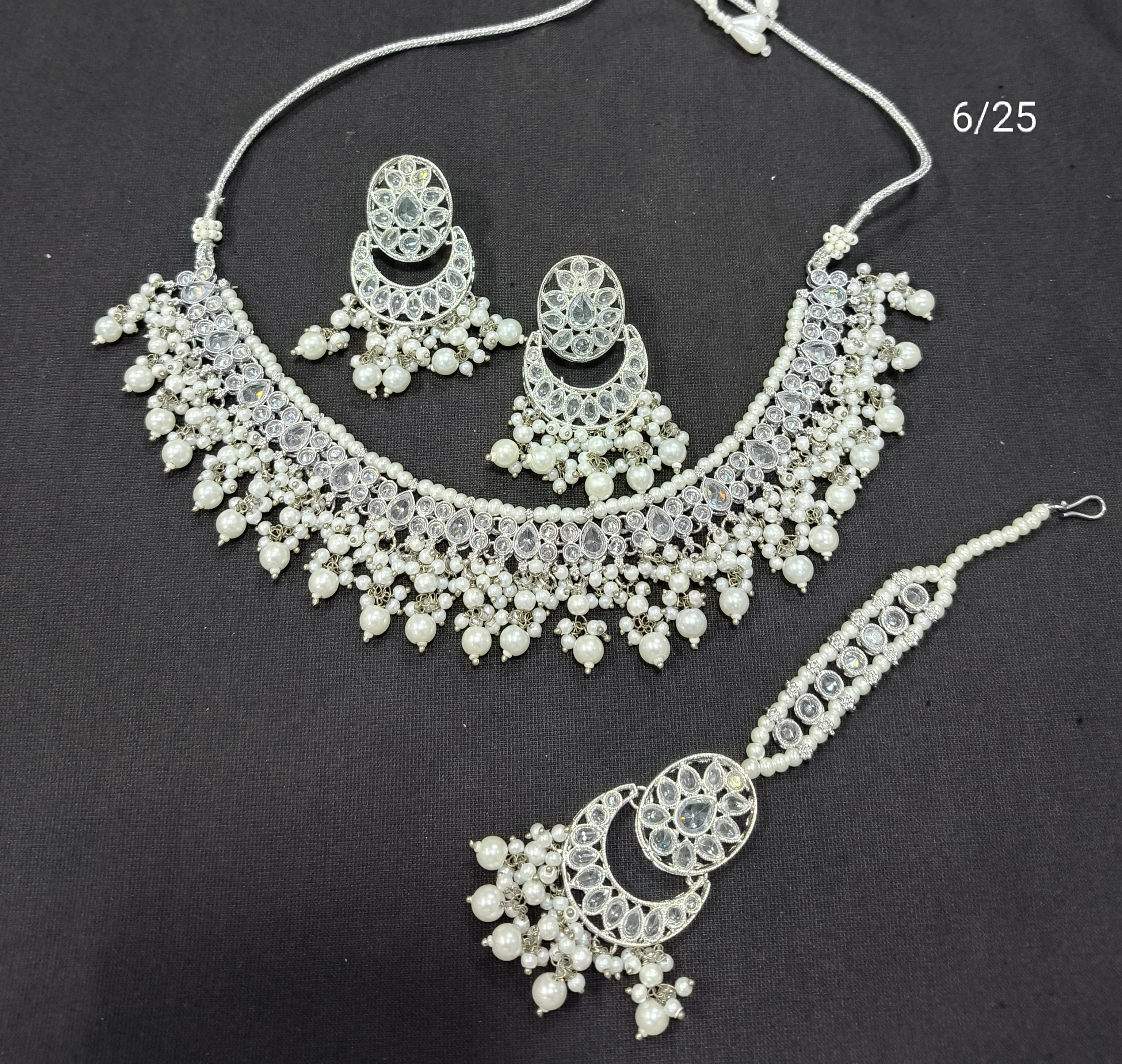 Traditional CZ Choker Necklace Set with Pearl Embellishments