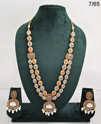 Traditional Kundan Stone Long Necklace Set with Pearl Drop Earrings