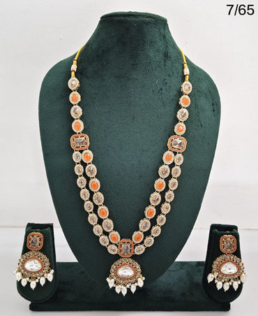 Traditional Kundan Stone Long Necklace Set with Pearl Drop Earrings