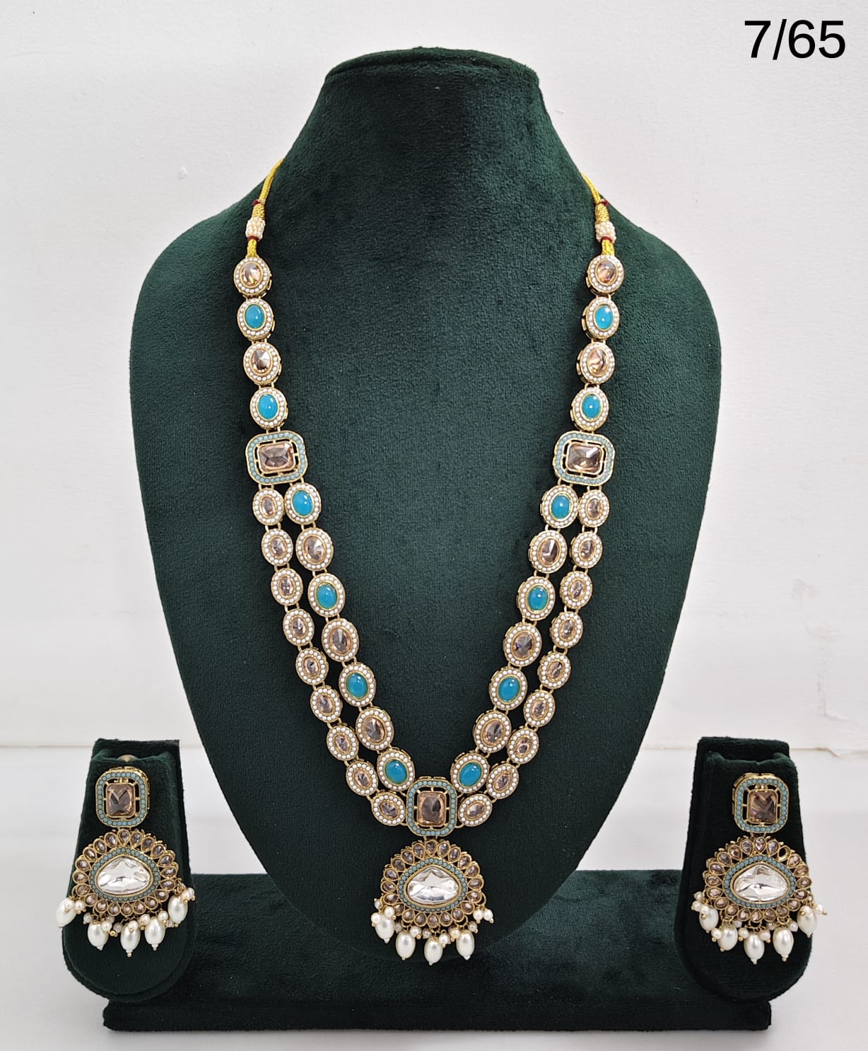 Traditional Kundan Stone Long Necklace Set with Pearl Drop Earrings