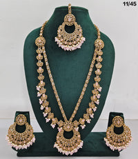 Traditional CZ Long Necklace Set with Beaded Drops and Matching Earrings