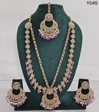 Traditional CZ Long Necklace Set with Beaded Drops and Matching Earrings