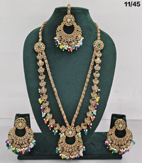 Traditional CZ Long Necklace Set with Beaded Drops and Matching Earrings