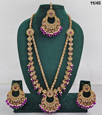 Traditional CZ Long Necklace Set with Beaded Drops and Matching Earrings