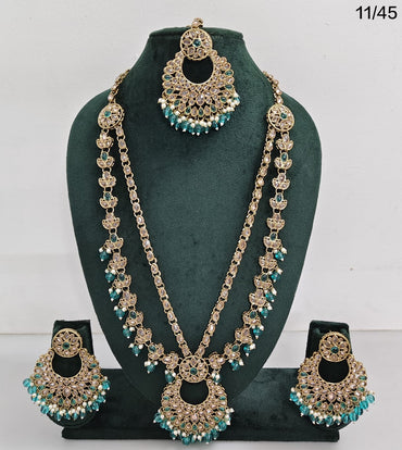 Traditional CZ Long Necklace Set with Beaded Drops and Matching Earrings