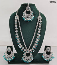 Traditional CZ Long Necklace Set with Intricate Detailing and Beaded Drops