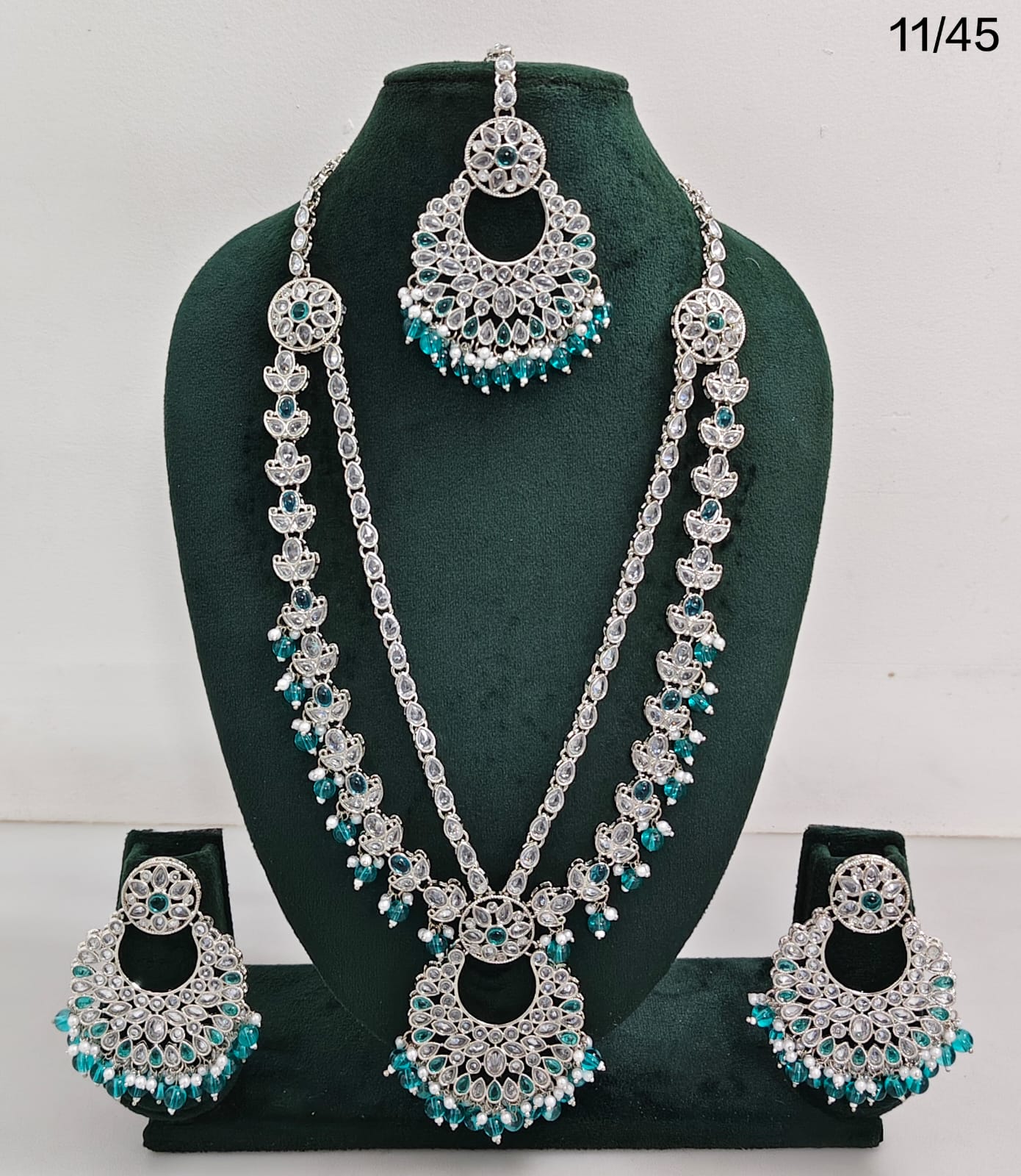 Traditional CZ Long Necklace Set with Intricate Detailing and Beaded Drops