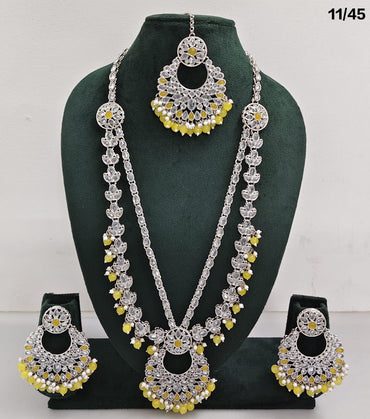 Traditional CZ Long Necklace Set with Intricate Detailing and Beaded Drops