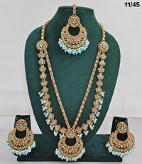 Traditional CZ Long Necklace Set with Beaded Drops and Matching Earrings