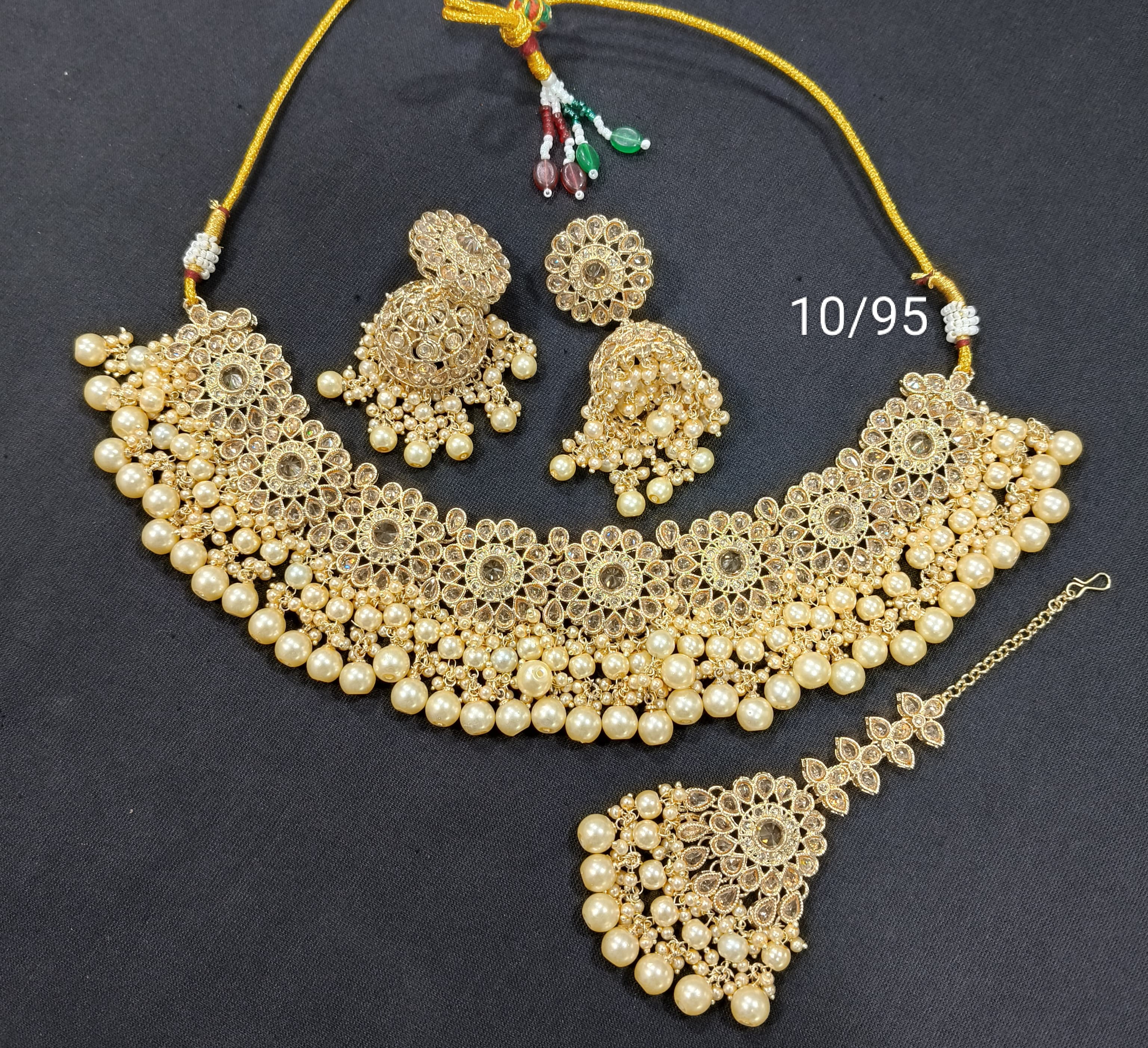 Traditional Pearl Cluster Choker Necklace Set with Floral Stone Design – Bridal & Festive Wear