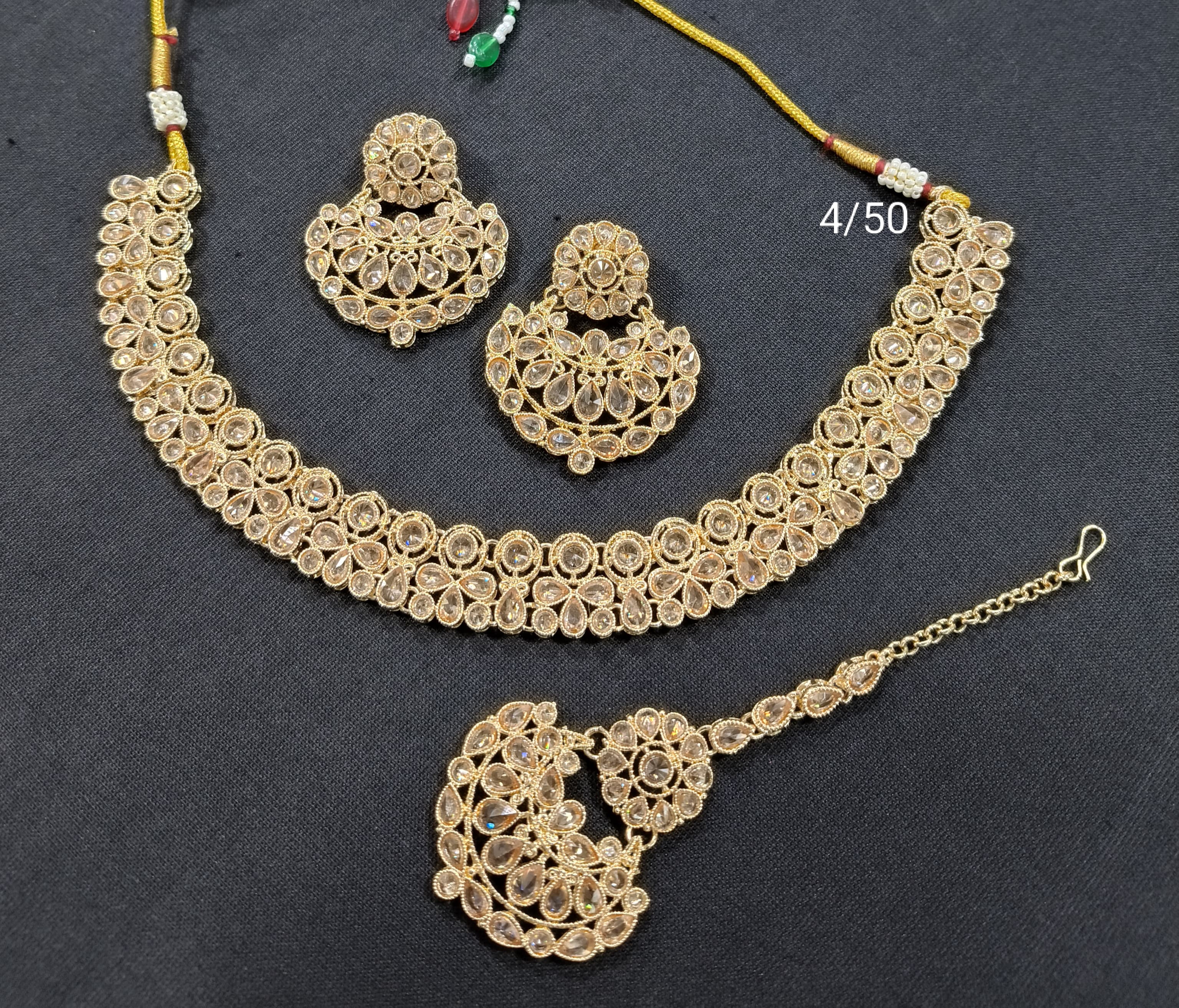 LucenteMarket CZ Bridal Choker Necklace Set with Earrings and Maang Tikka