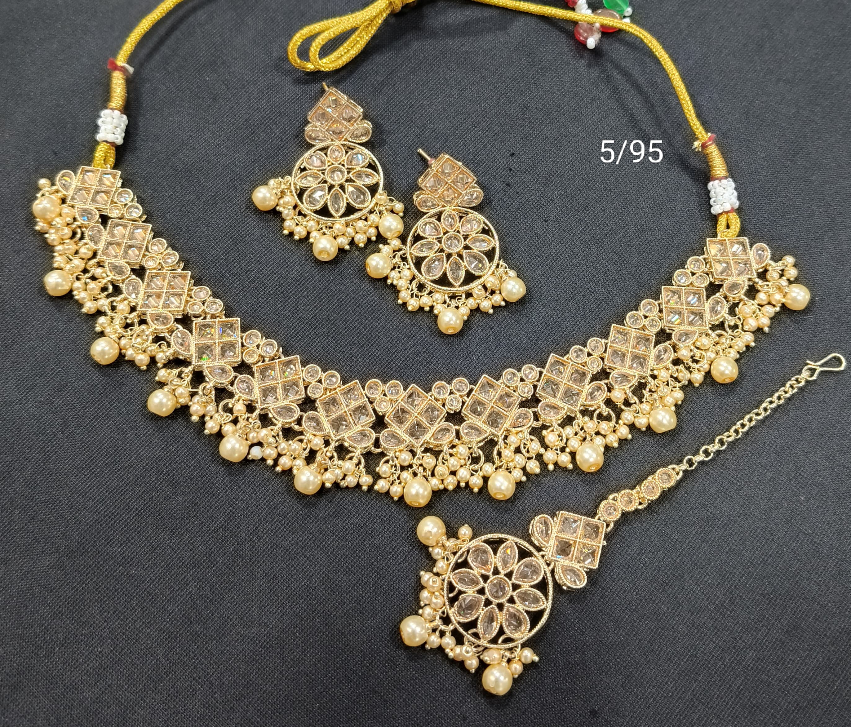 LucenteMarket CZ Bridal Choker Necklace Set with Earrings and Maang Tikka