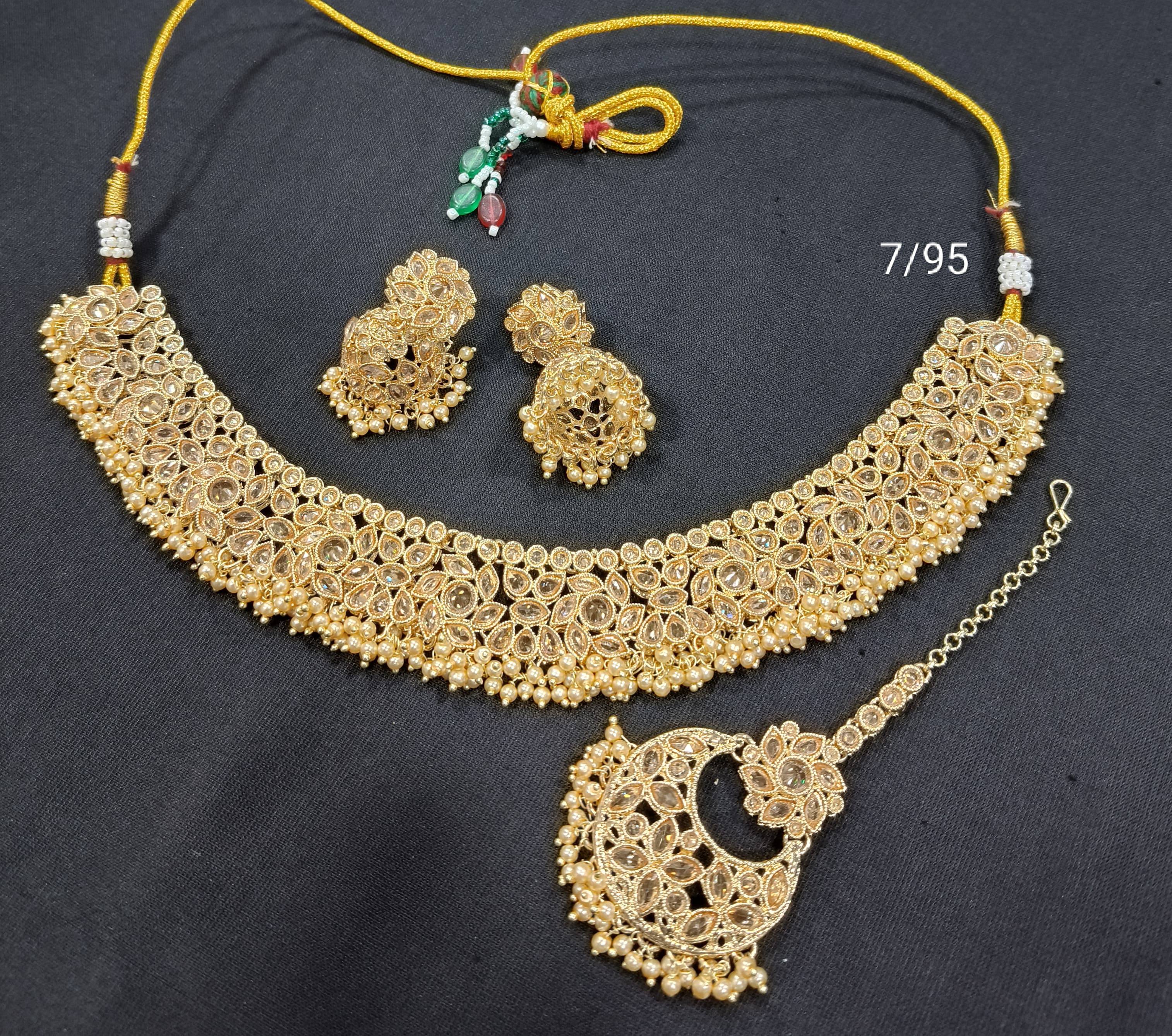 Traditional Pearl Cluster Choker Necklace Set with Floral Stone Design