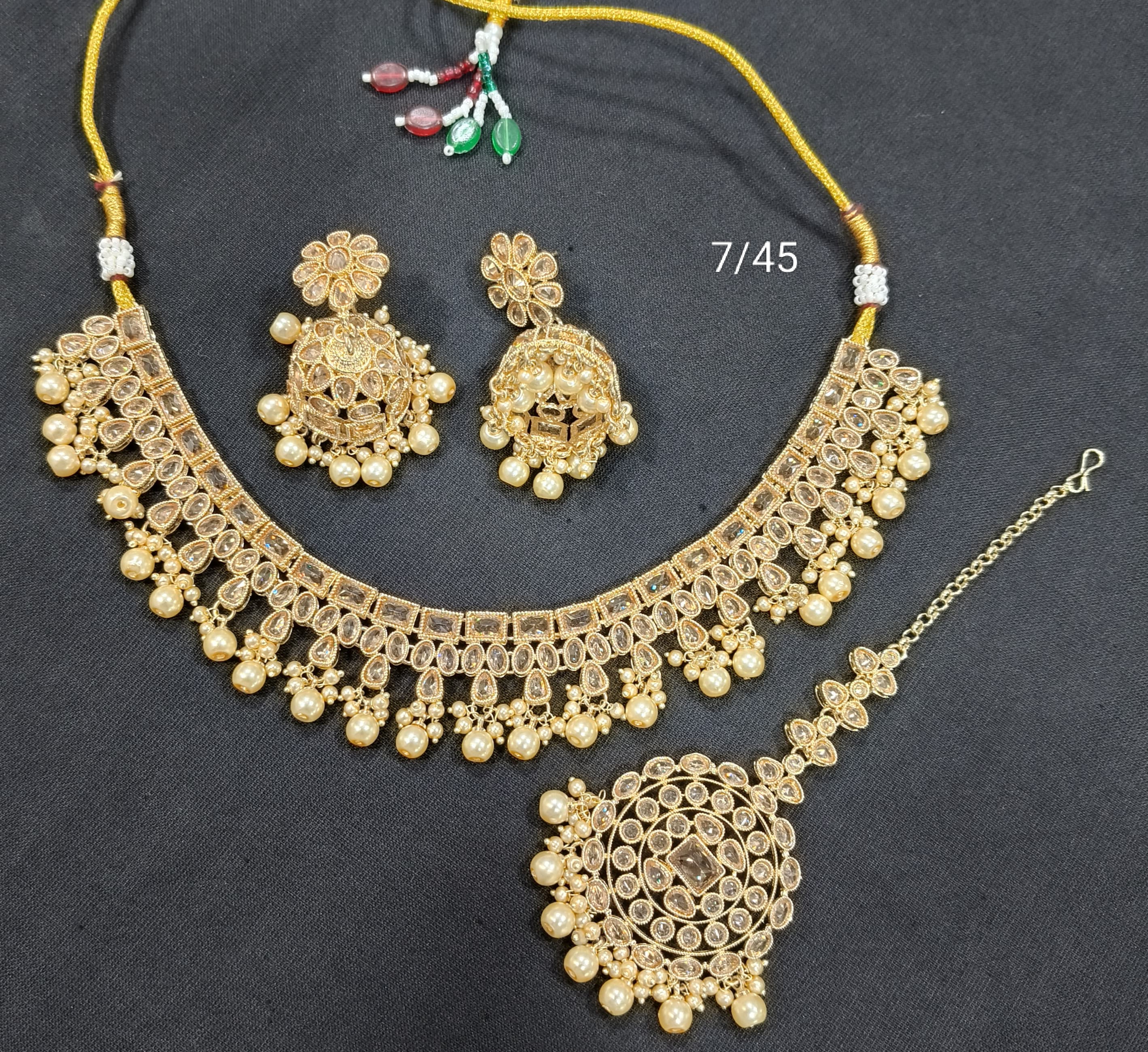 Lucentemarket CZ Stone Gold Choker Necklace Set with Earrings & Maang Tikka