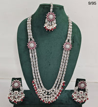 CZ Stone Studded Long Necklace Set with Earrings and Maang Tikka